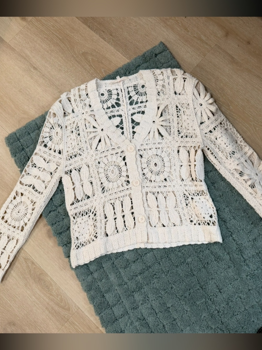 Solitaire Anthropologie Cream Crochet Granny Square Knit Cotton Cardigan S - Picture 6 of 10